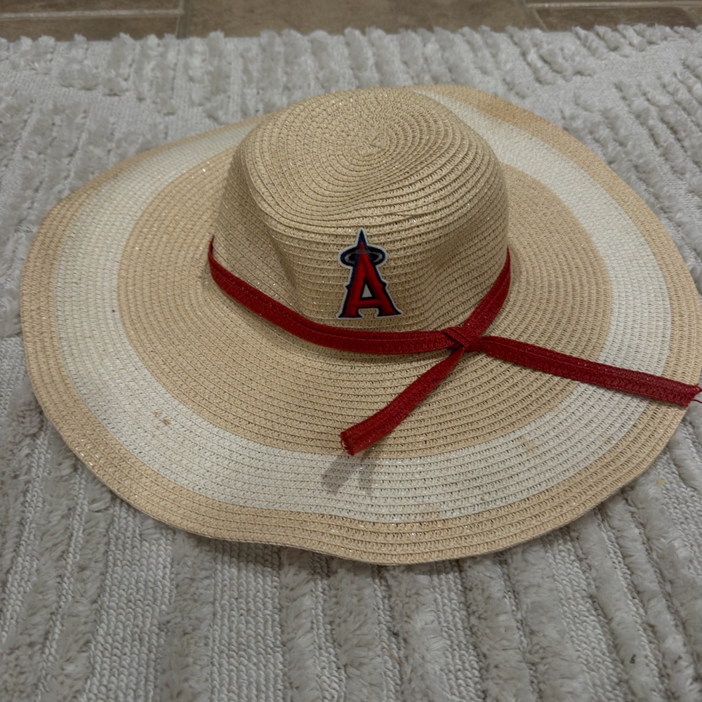 Women’s Angel’s Straw Sun Hat with Red Trim and Team Logo with Free straw cowboy